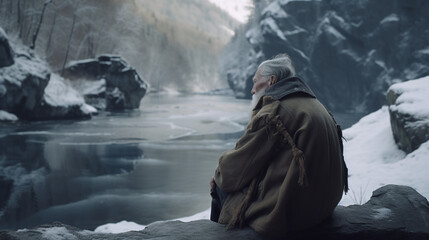 Old man with white beard and hat, looking over a frozen Lake in skandinavia - obrazy, fototapety, plakaty