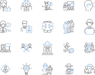 Office profession outline icons collection. Executive, Manager, Secretary, Clerk, Administrator, Supervisor, Officer vector and illustration concept set. Consultant, Analyst, Coordinator linear signs