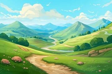 picturesque landscape with rolling hills and a flowing river. Generative AI