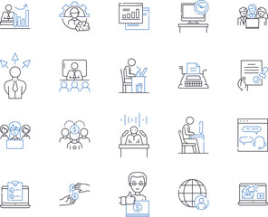 Working business outline icons collection. Operations, Entrepreneur, Strategy, Organization, Processes, Team, Profits vector and illustration concept set. Planning, Structure, Clients linear signs