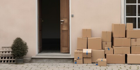 Many cardboard boxes in front of house door, concept of Logistics and delivery, created with Generative AI technology