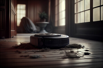 Obraz na płótnie Canvas robot vacuum cleaner removes dust in room on brown floor. vacuum cleaner in ordinary apartment. modern household wireless device for cleaning house. smart home concept. High quality illustration
