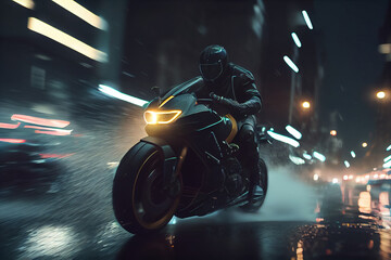 Motorcycle rider at night fast speed driving. Night biker. Speed motion blur motorcycle in the city night. High quality illustration
