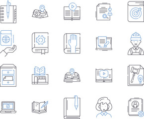 learning management system outline icons collection. LMS, Courseware, eLearning, Pedagogy, Training, Classes, Assessment vector and illustration concept set. Certification, Tutoring, Analytics linear