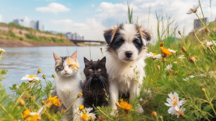 charming funny cute small fluffy happy smiling spaniel puppy and british kitten with blue eyes sit play on sea water, sea water splash with sun light reflection,wild beach with wild flowers ,generated