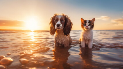 Naklejka na ściany i meble charming funny cute small fluffy happy smiling spaniel puppy and british kitten with blue eyes sit play on sea water, sea water splash with sun light reflection,wild beach with wild flowers ,generated