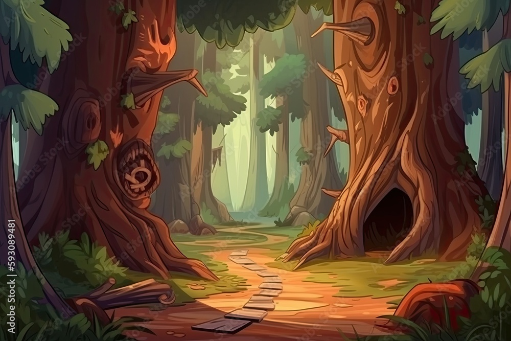 Poster winding path through a lush forest with towering trees. generative ai