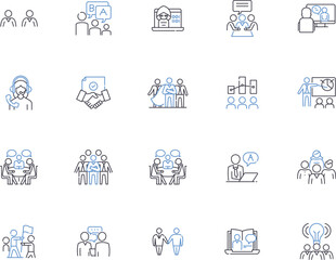 Corporative people outline icons collection. Corp, People, Employees, Colleagues, Executives, Managers, Professionals vector and illustration concept set. Workers, Teams, Departmental linear signs