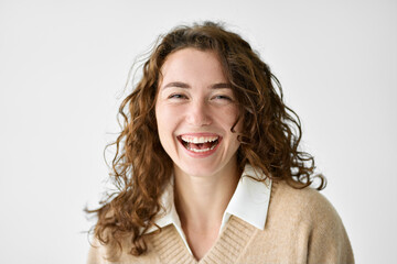 Young smiling charming positive woman, happy joyful cheerful cute curly girl student laughing...
