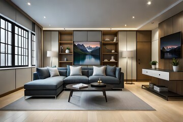 Fototapeta na wymiar Interior of a living room with a sofa and a coffee table generative ai