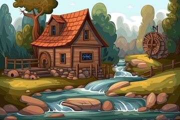 cozy cabin nestled in a forest with a tranquil river flowing nearby. Generative AI