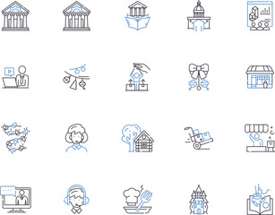 Fototapeta na wymiar City life outline icons collection. Urban, Metropolis, Bustling, Cosmopolitan, Commuting, Vibrant, Multicultural vector and illustration concept set. Dynamic, Exciting, Thrilling linear signs