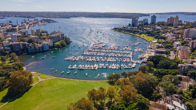 Aerial drone view of Darling Point and Rushcutters Bay in East Sydney, NSW Australia on a sunny day
