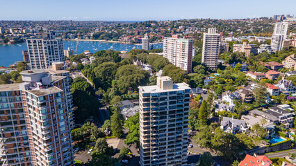 Aerial drone view of Darling Point looking toward Point Piper in East Sydney, NSW Australia on a sunny day 