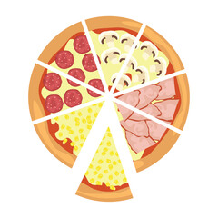 Delicious cut pizza on white background, top view