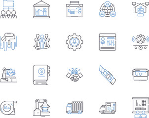 Industrial enterprise outline icons collection. Factory, Enterprise, Industry, Manufacturer, Business, Plant, Conglomerate vector and illustration concept set. Corporation, Company, Mill linear signs - obrazy, fototapety, plakaty