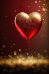 Heart shaped red baloon and golden bokeh lights Generative AI
