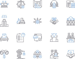 Production enterprise outline icons collection. Enterprise, Production, Manufacturing, Company, Factory, Organization, Business vector and illustration concept set. Industry, Plant, Conglomerate
