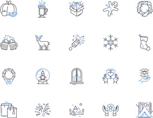 Christmas outline icons collection. Yuletide, Noel, Present, Decorate, Garland, Elf, Wreath vector and illustration concept set. Pudding, Stocking, Reindeer linear signs