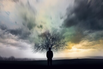 Silhouette of person and leafless tree growing against overcast colorful sky in foggy dark countryside representing concept of mental health and depression. Generative AI
