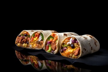 Row of appetizing fresh Mexican tortillas with vegetables and meat in crispy pitas on black background. Generative AI