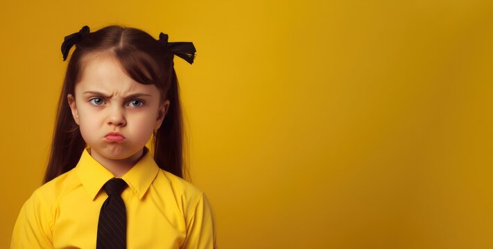 Portrait of angry little girl in school uniform with dark long hair looking at camera while standing against yellow background. Generative AI