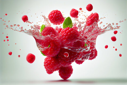 Raspberries dropping into water  | Raspberries with plain white background | Exposure of raspberries | AI Generative | Hyper realistic | Photorealism | Digital art
