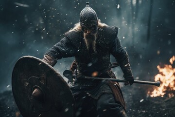 Naklejka premium Vikings, Normans warriors and generals fighting on the battlefield, epic battle scene. Generative AI