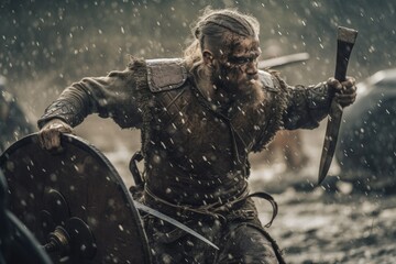 Naklejka premium Vikings, Normans warriors and generals fighting on the battlefield, epic battle scene. Generative AI
