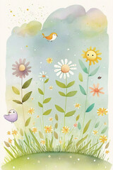 Fototapeta na wymiar Spring meadow. Children watercolor illustration. Ai illustration, fantasy digital painting, artificial intelligence artwork