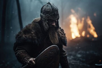 Vikings, Normans warriors and generals fighting on the battlefield, epic battle scene. Generative AI