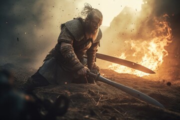Fototapeta premium Vikings, Normans warriors and generals fighting on the battlefield, epic battle scene. Generative AI