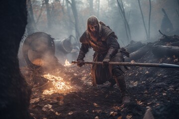 Naklejka premium Vikings, Normans warriors and generals fighting on the battlefield, epic battle scene. Generative AI