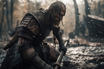 Vikings, Normans warriors and generals fighting on the battlefield, epic battle scene. Generative AI