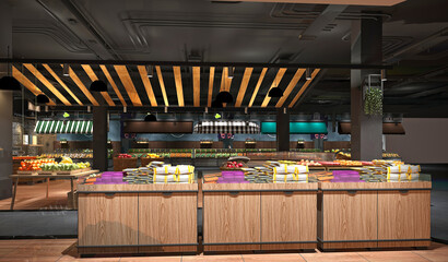 Vegetables and fruits store, grocery 3d rendering.