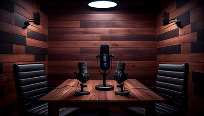 podcast studio with professional microphones ina  wooden table