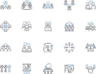 Conference outline icons collection. Meeting, Event, Gathering, Seminar, Summit, Forum, Retreat vector and illustration concept set. Assembly, Symposium, Expo linear signs