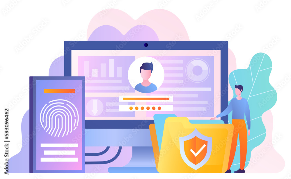 Poster data protection concept. man standing near folder. personal information security, account access, ve
