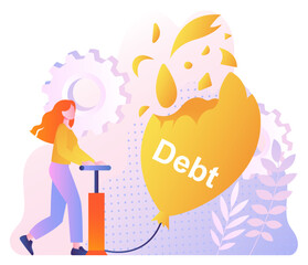 Woman with debt concept. Woman with pump pops balloon. Unsuccessful entrepreneur or businesswoman. Financial crisis and bankruptcy
