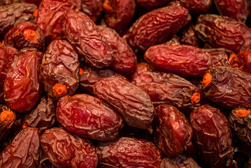 Date Fruits in row, semi dried.