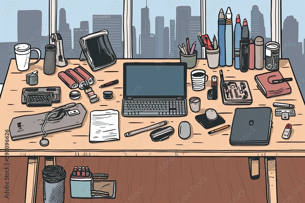 Poster modern workspace with a wooden desk and laptop computer. generative ai