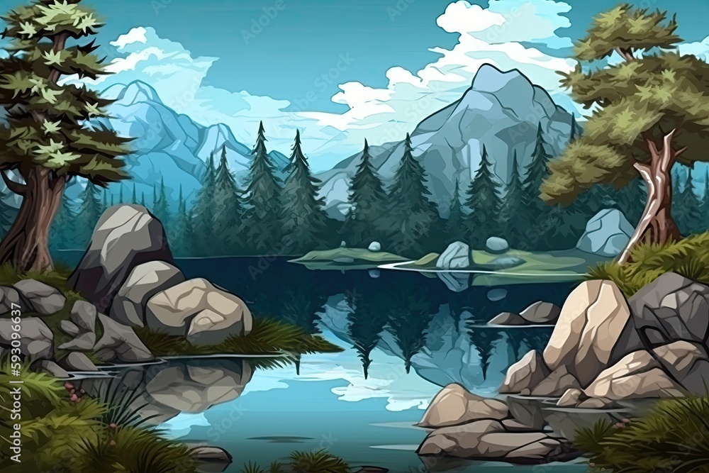 Poster serene mountain lake with a backdrop of trees. generative ai