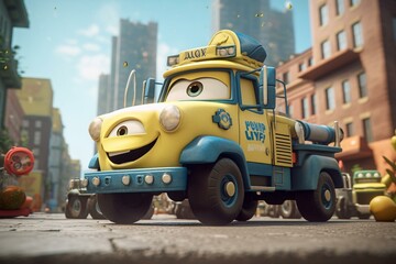 Obraz na płótnie Canvas cartoon scene with happy police truck - ships and planes in the background - illustration for children. Generative AI