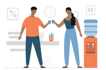 People with cooler. Man and woman collect water in plastic glasses. Comfort in office, lunch break. Employees and workers talking to each other. Cartoon flat vector illustration