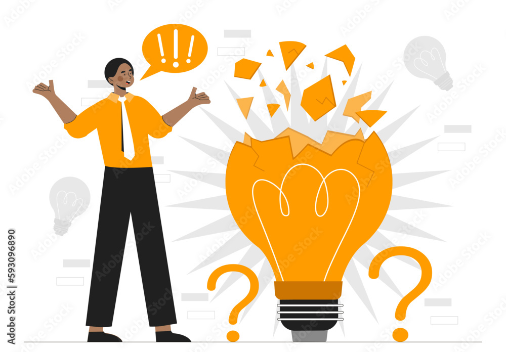 Poster man with broken lamp. bad idea for start up or business project. young guy with crashed light bulb. 
