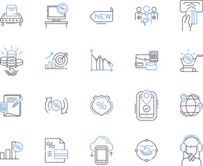 Trade and finace outline icons collection. Finance, Trading, Markets, Investment, Banking, Exchange, Funds vector and illustration concept set. Stocks, Bonds, Brokerage linear signs