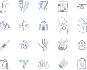 Health treatment outline icons collection. Therapy, Care, Healing, Prevention, Cure, Remedy, Medication vector and illustration concept set. Treatment, Surgery, Rehabilitation linear signs