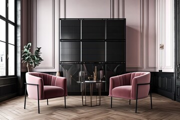 living room with gray cabinet and pink chair. Generative AI