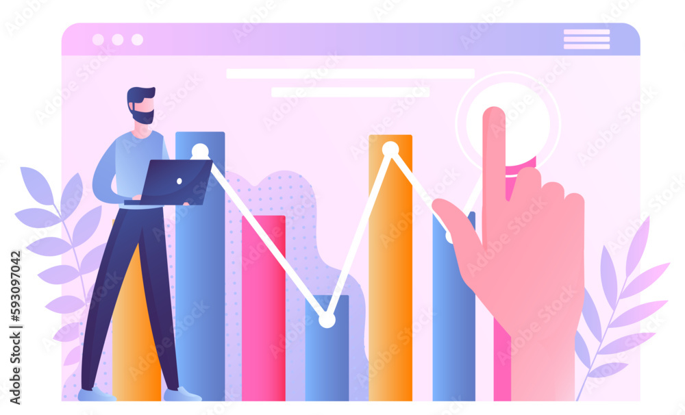 Poster concept of analysis. man with laptop looks at multicolored bars and analyzes graphs and charts. work