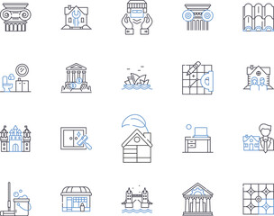 Houses and household outline icons collection. House, Household, Home, Dwelling, Residence, Abode, Villa vector and illustration concept set. Cottage, Condo, Apartment linear signs